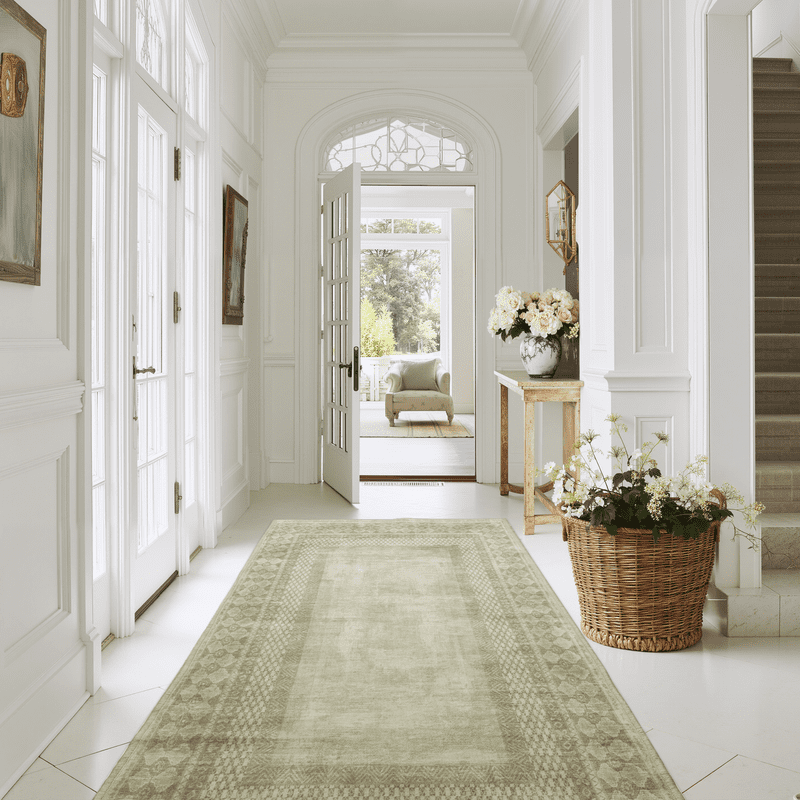 NICETOWN 2'x6' Hallway Runner Rug， Machine Washable Non-Slip Stain Resistant Area Rug Soft Foldable Mysterious Tribal Bordered Indoor Mat for Kitchen Bathroom Laundry Room, Sage Green