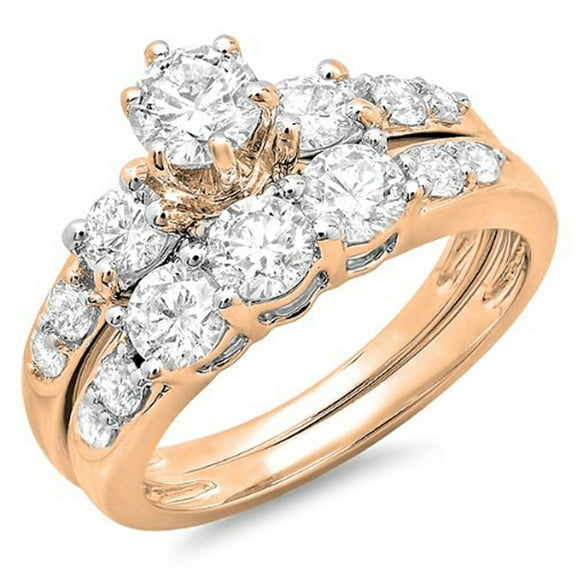 3.00 Carat (ctw) 14k Rose Gold Round White Cubic Zirconia Ladies 3 Stone Bridal Engagement Ring Matching Band Set 3 CT