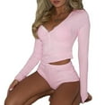 thumbnail image 2 of Two Piece Short Sets for Women Long Sleeve Crop Top and Low Waisted Shorts Active Wear Sets Gym Sets Pink S, 2 of 7