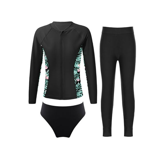 Haitryli Kids Girls 3Pcs Rash Guard Swimwear Set Long Sleeve Zipper Swimsuit with Swim Leggings Briefs Black 10