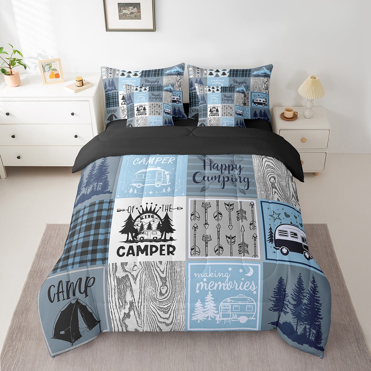 Camper Comforter Set 7 Piece Full Happy Camping Bed In A Bag Rv Bunk Accessories Bedding For Travel Trailers,Blue Grey Rustic Buffalo Plaid Arrow Pine Tree Bed Set