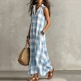 thumbnail image 4 of Women Summer Sleeveless Plaid Maxi Dress Lapel Collar Half-Button Side Pockets Loose Beach Vacation Outfit Light Blue XL(XL), 4 of 7