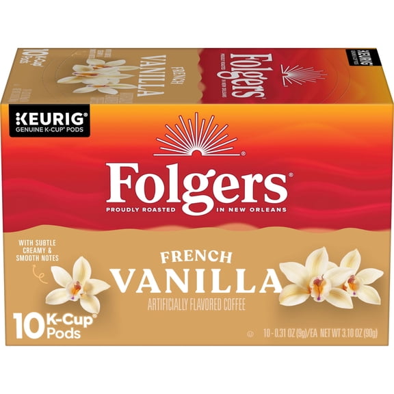 Folgers French Vanilla Artificially Flavored Coffee, Keurig K Cup pods, 10 Count Box