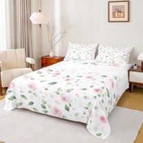 Manfei Rustic Flower Bed Sheets,Pink Rose King Sheets,Country Green Leaf Sheet Set For Children,Super Cozy Room Decor,4-Piece