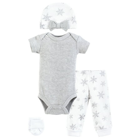 Hudson Baby Girls Thermal Preemie Layette Set 4pc Short Sleeve Outfit, Snowflake, Preemie