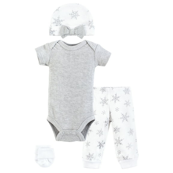 Hudson Baby Girls Thermal Preemie Layette Set 4pc Short Sleeve Outfit, Snowflake, Preemie