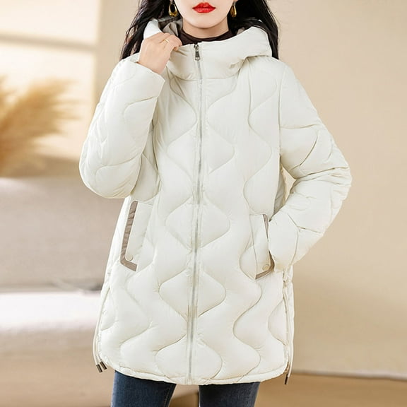 jtjvou Winter Jacket Women Coat Faux Fur Collar Hooded Overcoat Female Jacket Parka Thick Warm Cotton Padded Outwear Beige L