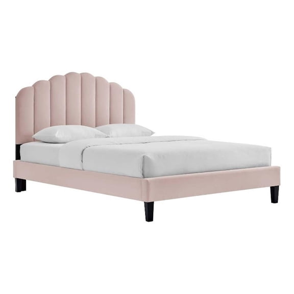 Maklaine Modern Performance Velvet Queen Platform Bed in Pink