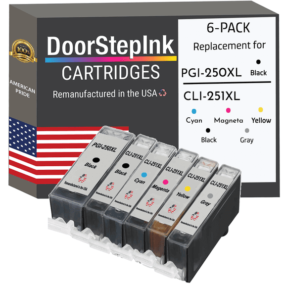 Remanufactured DoorStepInk Ink Cartridges for Canon PGI-250XL Black and CLI-251XL Black, Cyan, Magenta, Yellow and Gray (6Pack)