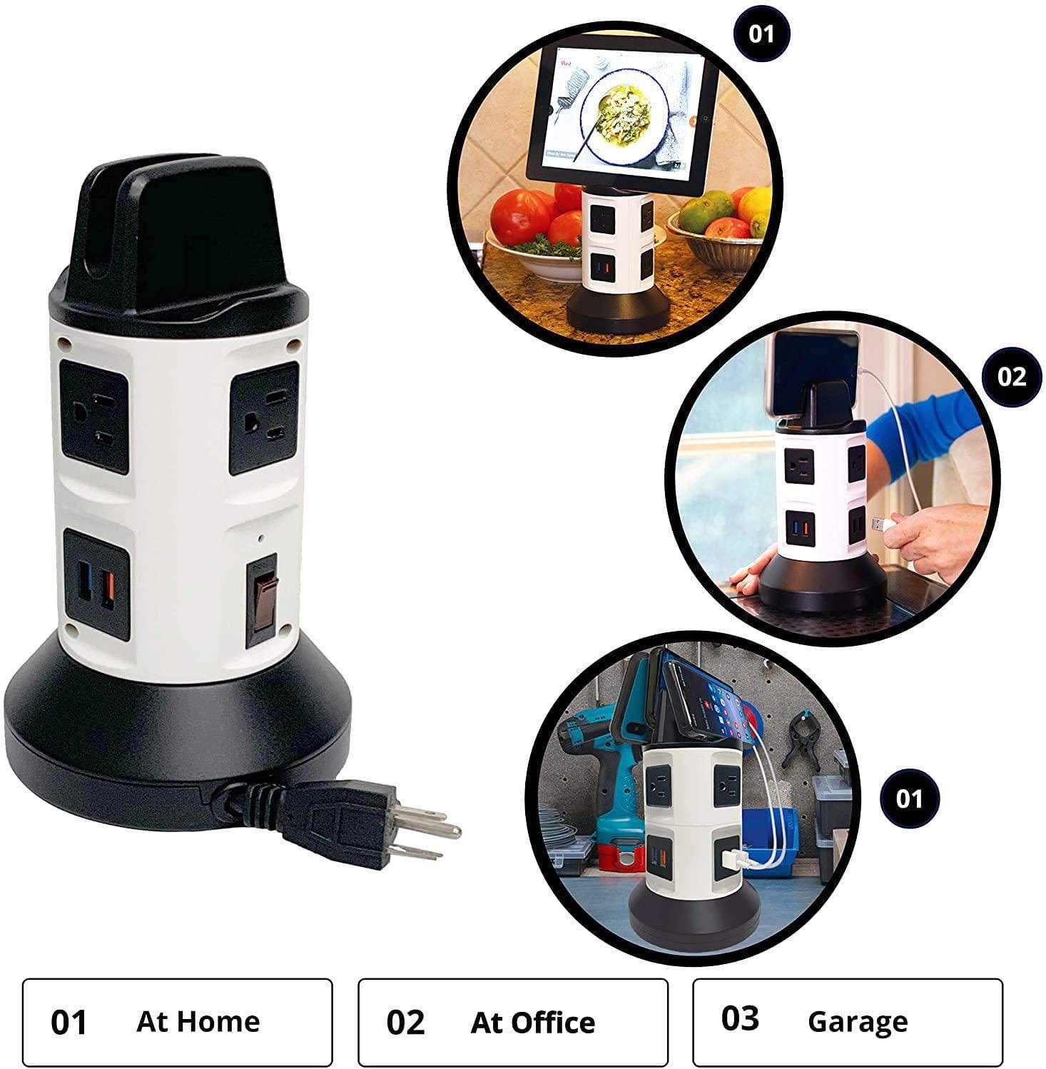 Bell + Howell Spin Power Station de Charge avec Parafoudre – 4 Prises, 6 Ports USB, Cordon Rétractable de 7 Pieds, Support Téléphone Intégré