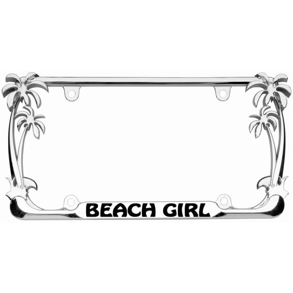 Beach Girl Style Palm Tree Heavy Duty Metal License Plate Frame Auto License Plate Frame/Car Accessories (Chrome/Black)