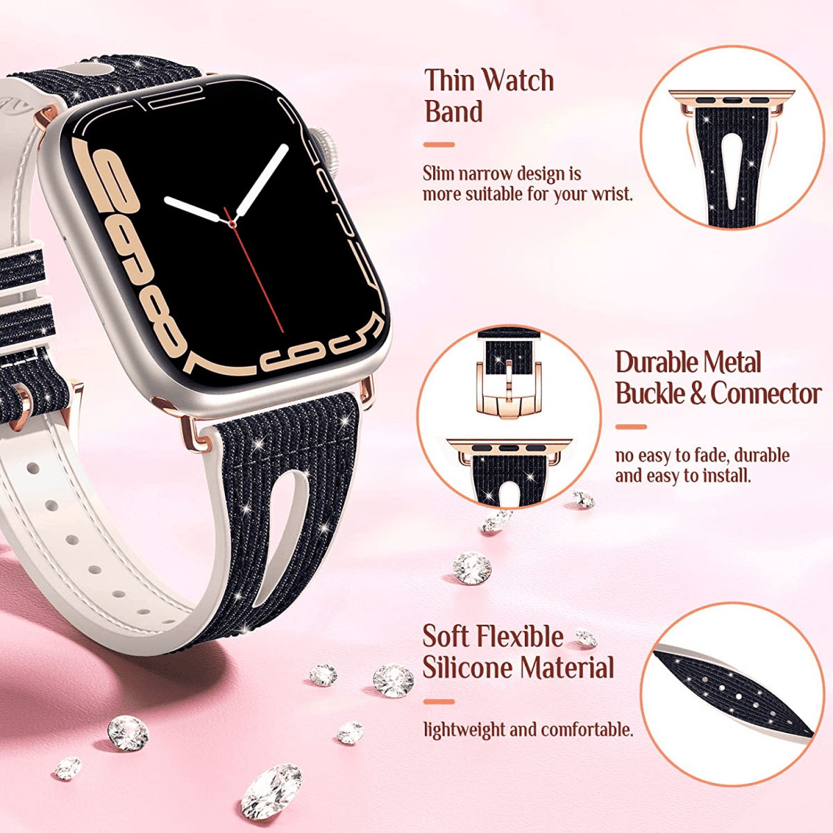 For Bling Thin Band for Apple Watch Bands 41mm 40mm 38mm Series 7 SE 6 5 4 3 2 1 Women Silicone Glitter Strap Accessories Compatible with iWatch All Series 41mm 40mm 38mm Black Walmart