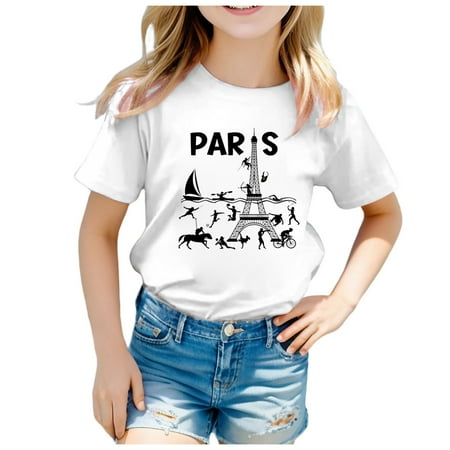 

Shirts for Girls 2024 France Theme Fashion Part Print Short Sleeve Round Neck Fashion Casual Kids T-Shirts