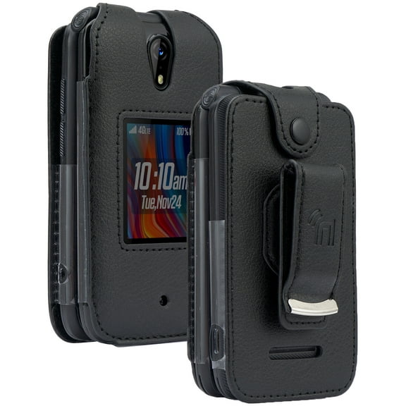 Case for Schok Flip 2022 Phone, Nakedcellphone [Black Vegan Leather] Form-Fit Cover with [Built-In Screen Protection] and [Metal Belt Clip] for T-Mobile/Boost/Metro SC3218B SC3218T