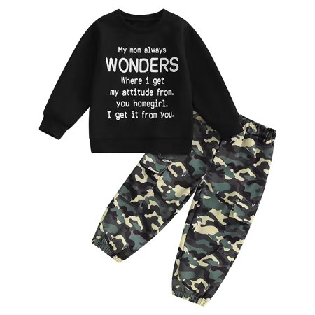 Staki Toddler Baby Boy Clothes Camo Pant Set Long Sleeve Letter Sweatshirt and Camouflage Jogger Pants Infant Boy Outfits 12M-5T 18-24 Months