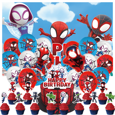 34pcs For Spidey and His Amazing Friends Birthday Party Decorations,Set with 5*3ft Birthday Backdrop,2 Foil Balloons,13 Cupcake Toppers,18 Balloons For Kids Celebration Supplies Kit