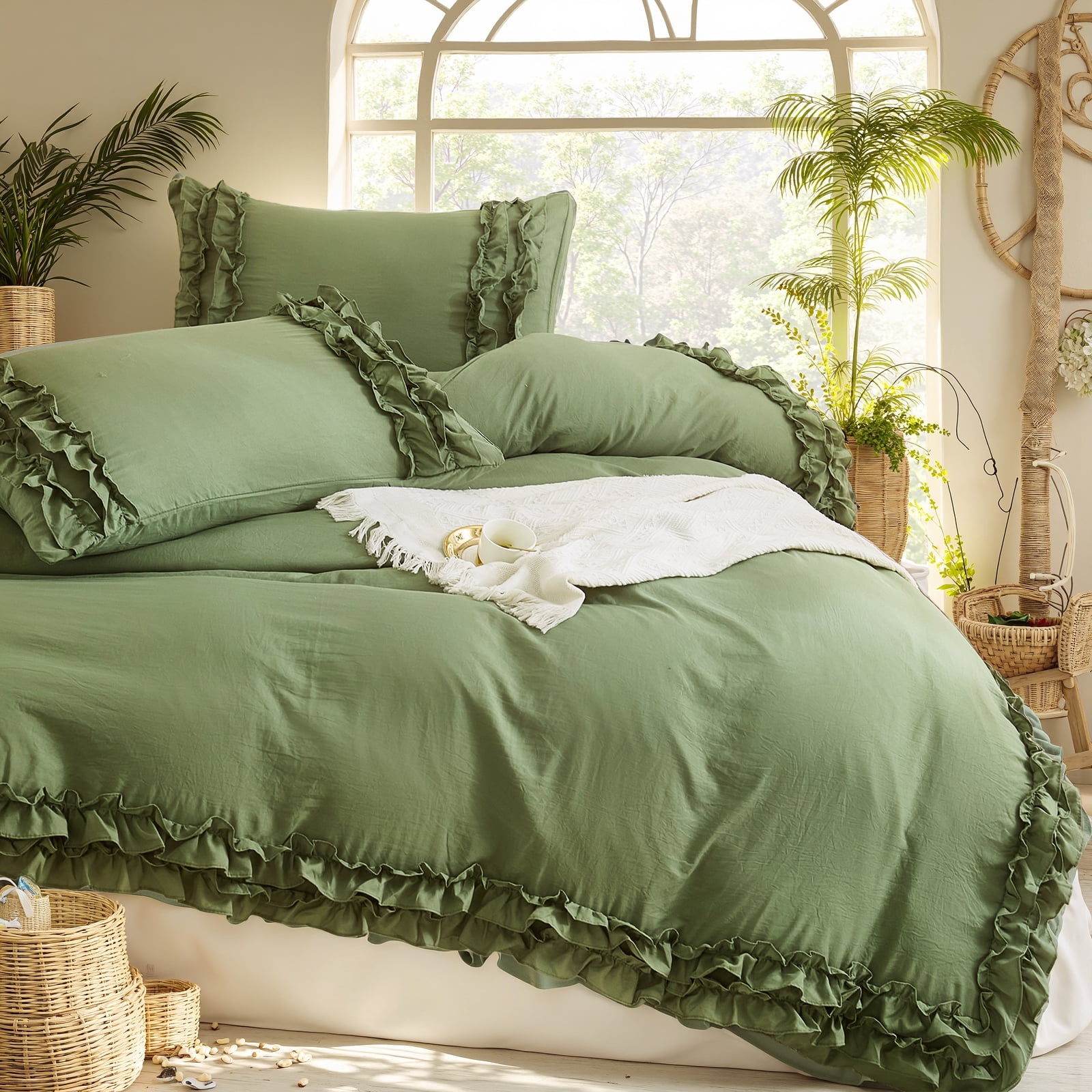 Avocado Green Ruffle Duvet Cover Set Queen Size Shabby Chic Bedding Set Ruffled Farmhouse Avocado Green Comforter Cover Boho Duvet Cover Set
