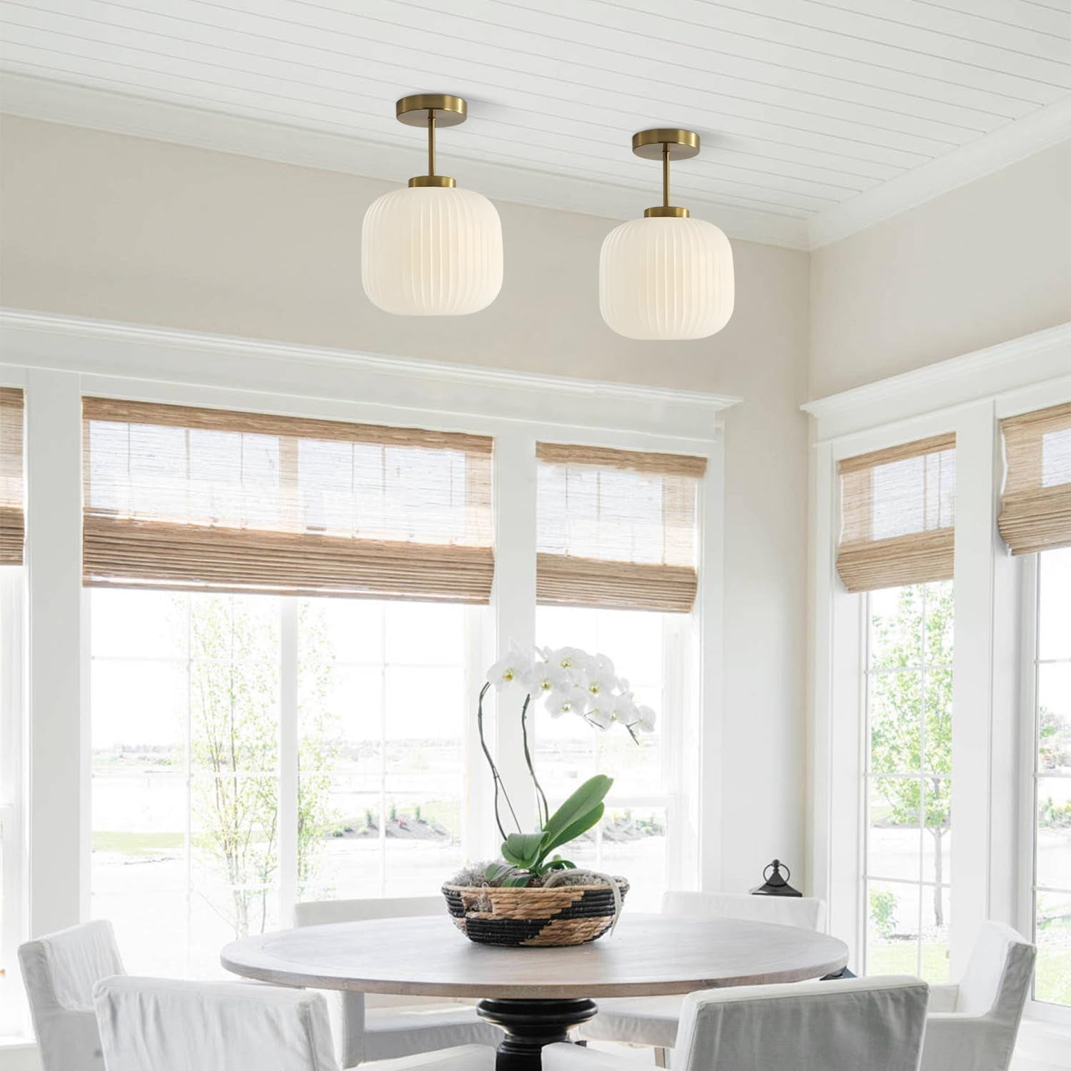 KCO Lighting Ribbed Milk Glass Flush Mount Light Gold and White Ceiling Lamp Brass Kitchen Lighting