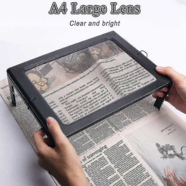 Lupa de lectura, lupa con luz Ayuda de lectura de aumento 3x con 4 luces LED para ancianos - Rectángulo A4 con soporte plegable Manos libres