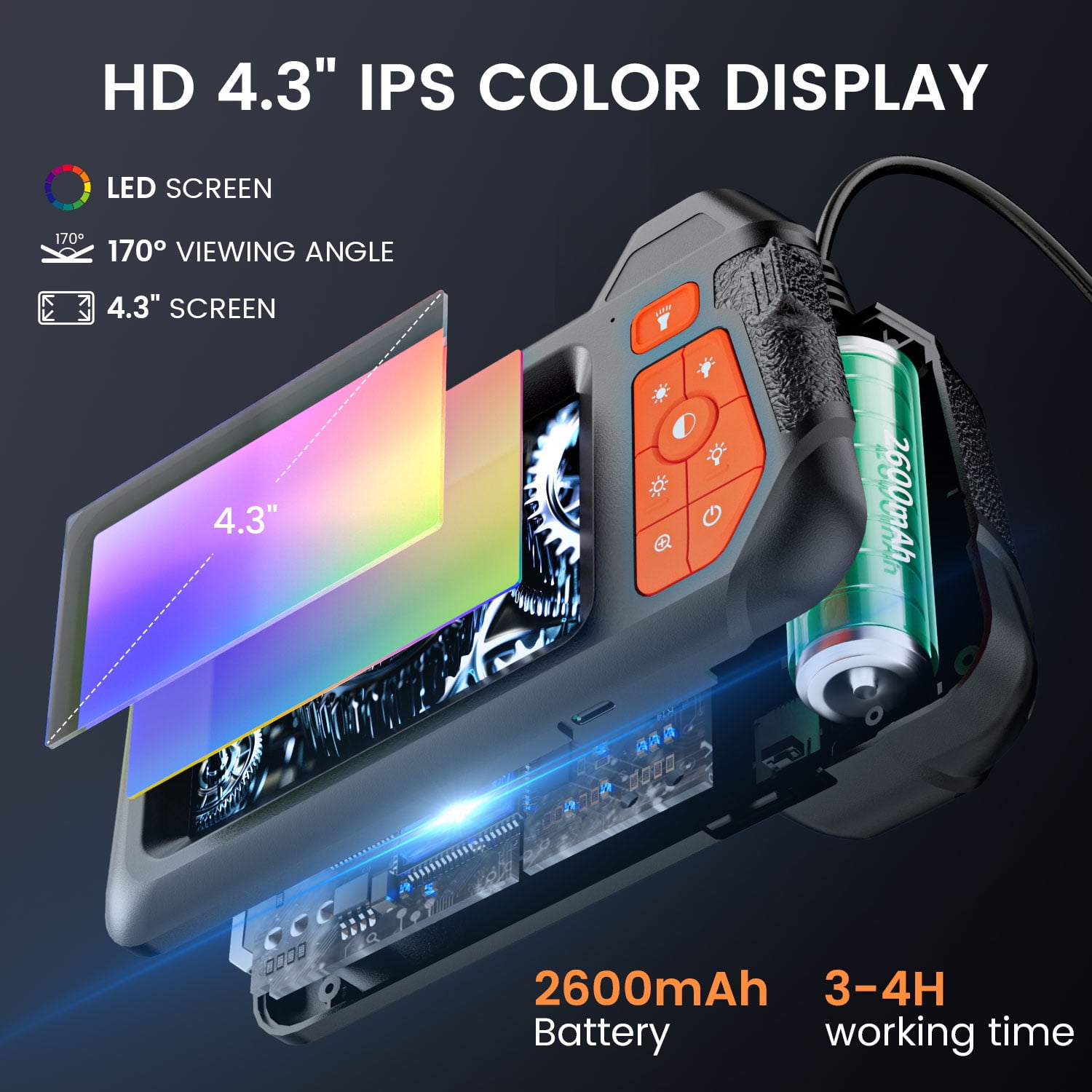 Askmuse HD 1080P Endoscope Camera with Light, 4.3" LCD Screen Borescope Inspection Camera, IP67 Drain Snake Camera, 16.5ft Industrial Borescope for Automotive, Plumbing, Sewer, 2600 mAh, Rechargeable