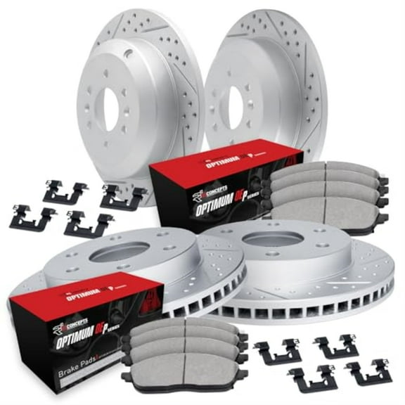 R1 Concepts Drilled and Slotted Carbon Coated Disc Brake Rotor Set with Optimum Oe Pads and Hardware WBUH2-67073