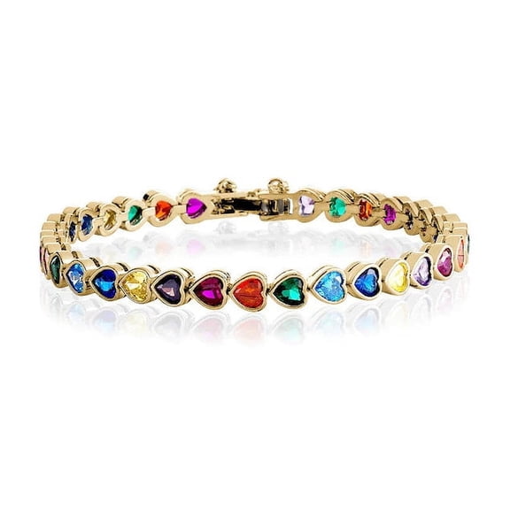 CZ Rainbow sapphire Bezel Heart tennis bracelet gold plated,CZ multi sapphire Heart cut bar set tennis bracelet gold | Rainbow bracelet