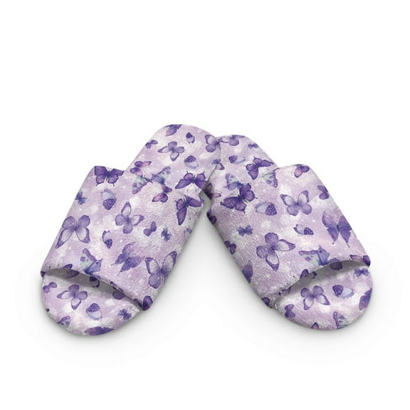 Xoenoiee Purple Butterfly Print Cotton House Slippers for Women Men Indoor Open Toe Slippers Flannel Bedroom Shoes Slip On, Machine Washable, 4.5-5 Women/3.5-4.5 Men