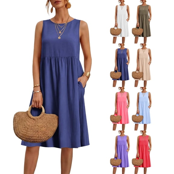DYTTDG Women's Crew Neck Sleeveless Dress | A-Line Swing Midi Dress with Pockets, Solid Color Casual Elastic Waist Summer Dress