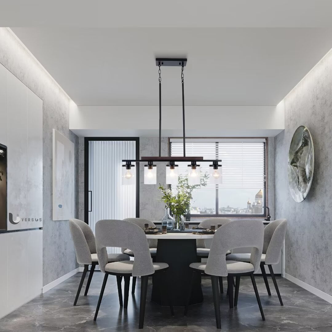 AFANQI 5 Light Black Kitchen Island Pendant, Modern Dining Room Linear Light Fixture, 31" Black Pendant with Clear Glass Shade