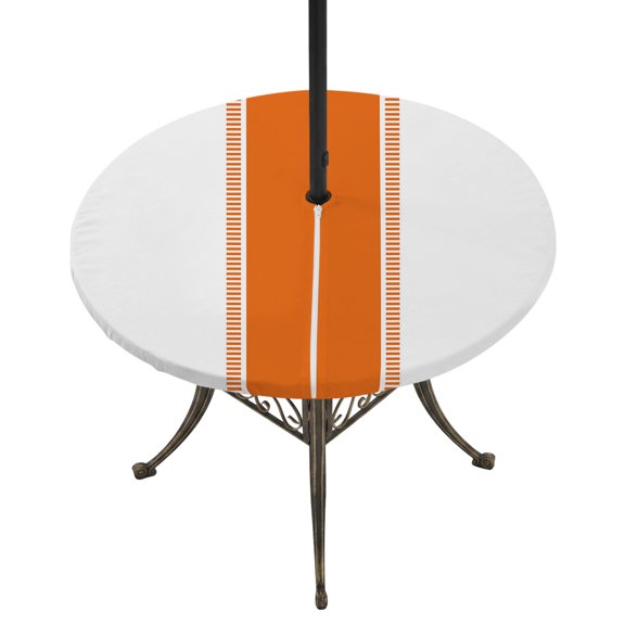 Round Outdoor Tablecloth with Umbrella Hole and Zipper, Orange Solid Color Texture Fitted Table Cover with Elastic Edge for 45-54 Inch, Simple Orange Stripes Waterproof Patio Tablecoths for Picnic