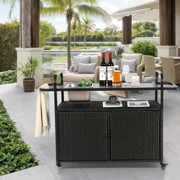 Outdoor Bar Cart,Wicker Bar Table Cart with Cabinet,Patio Serving Cart with Steel Top, Ice Bucket,Lockable Wheels, Side Basket for Garden, Poolside & Backyard,Black
