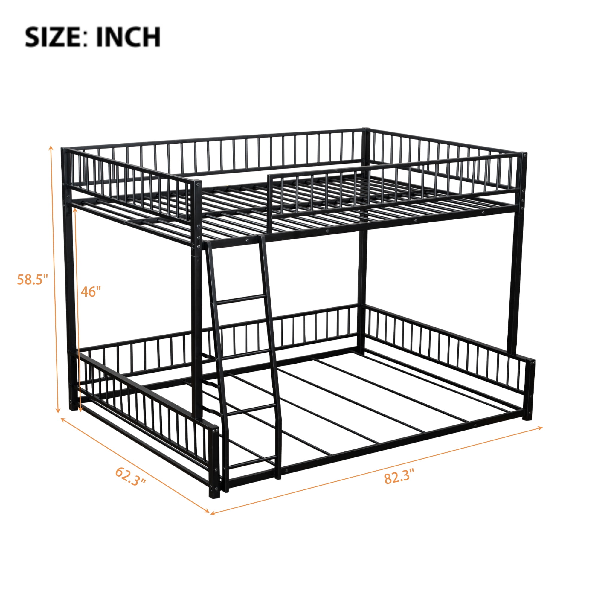 Full XL over Queen Bunk Bed, Heavy Duty Bunk Beds for Adults and Kids,Floor Bed Frame with Ladder and Safety Guardrails, Easy Assemble,Black