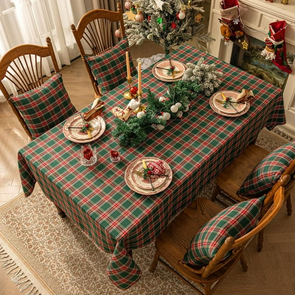Namzi Plaid Christmas Tablecloth 55 x 118 Inch , Heavy Duty Table Cover for Winter, Party & Holiday, Green
