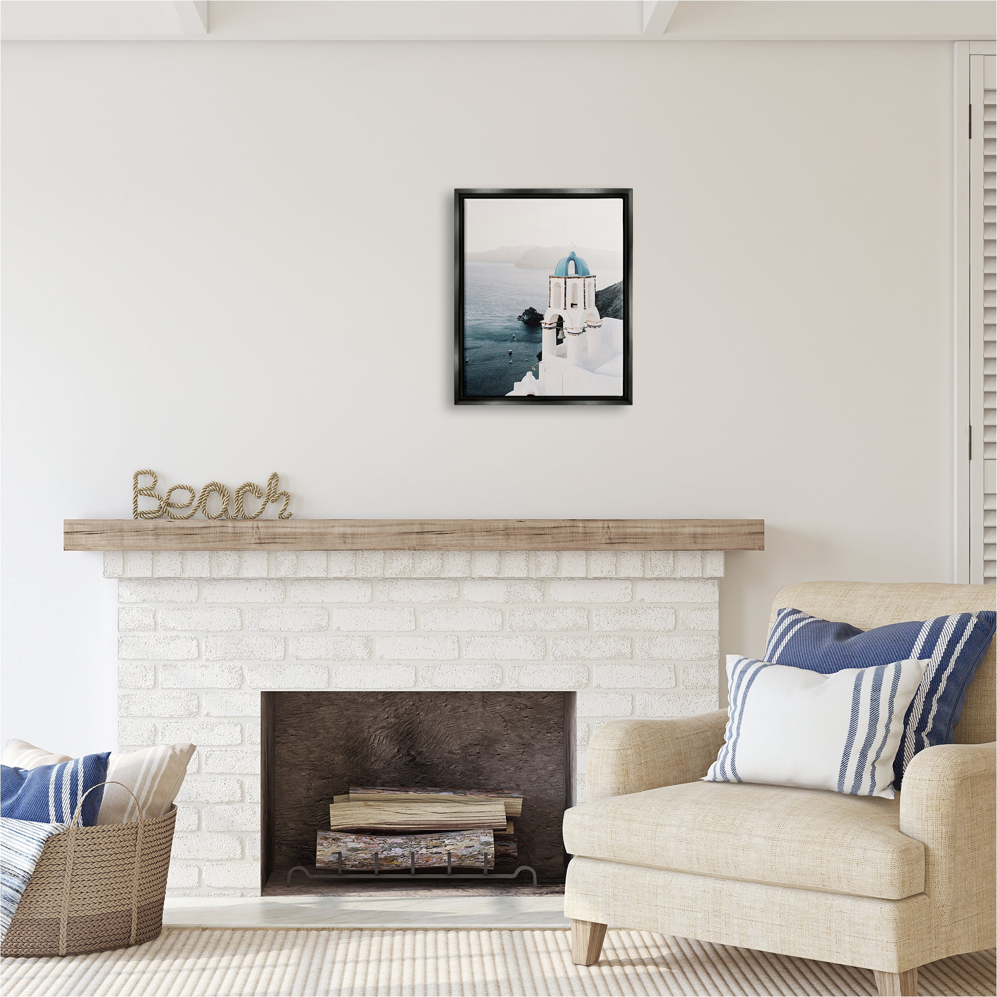 Stupell Industries Santorini Bell Tower Landscape Photography Black Floater Framed Canvas Art Print Wall Art, 17 x 21