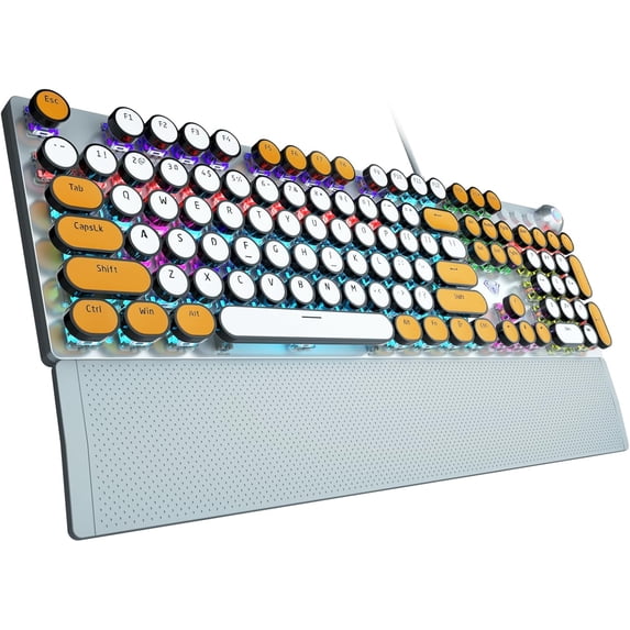 Restored AULA F2088 Typewriter Style Mechanical Keyboard,Rainbow LED Backlit,Clicky Blue Switches,Removable Wrist Rest,Media Control Knob,Retro Round Keycaps,USB Wired PC Computer Keyboards