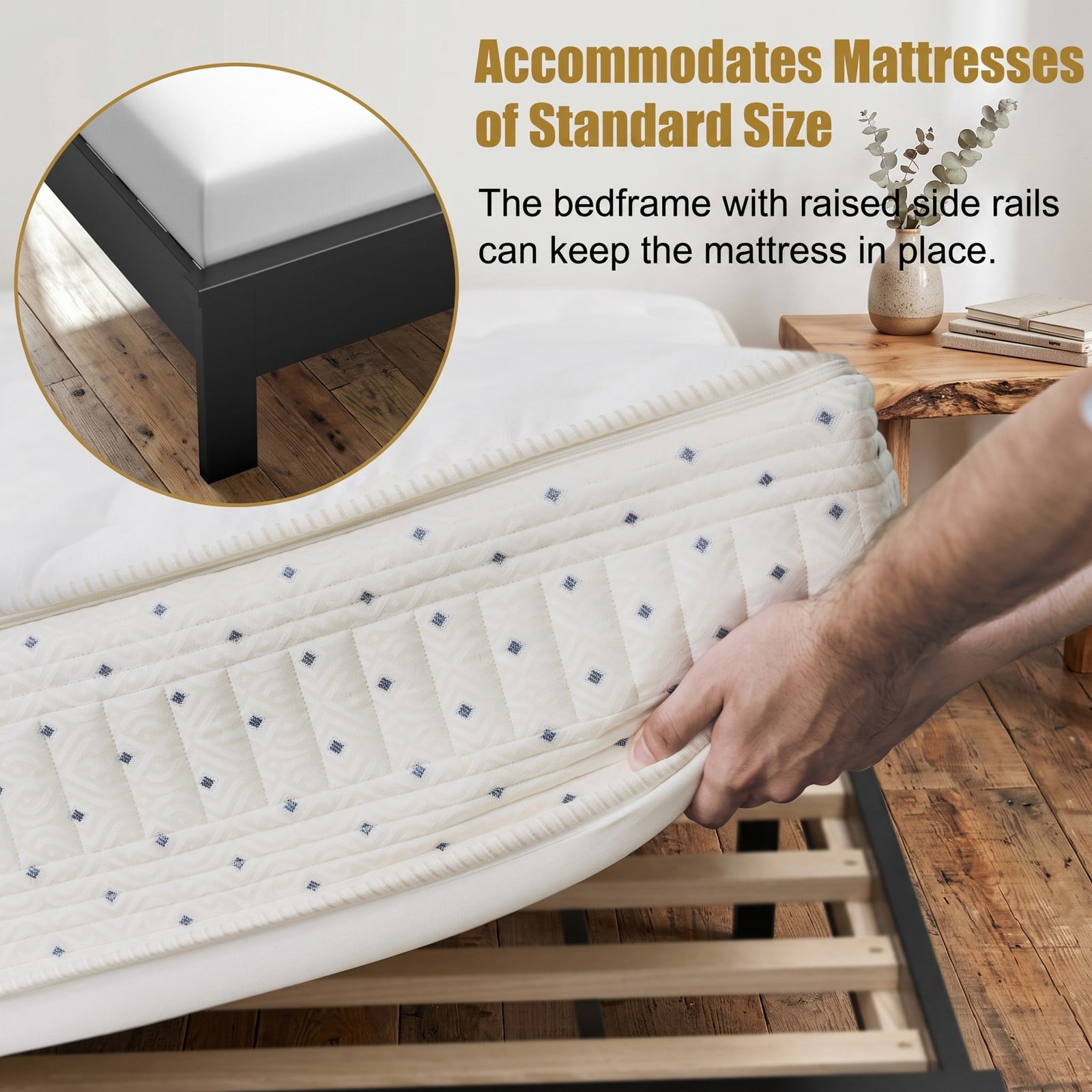 Furnibear Queen Size Bed Frame, Wood Platform Bed Frame with High Slatted Headboard and Rubber Wood Legs, Queen Bed Frame No Box Spring, Espresso