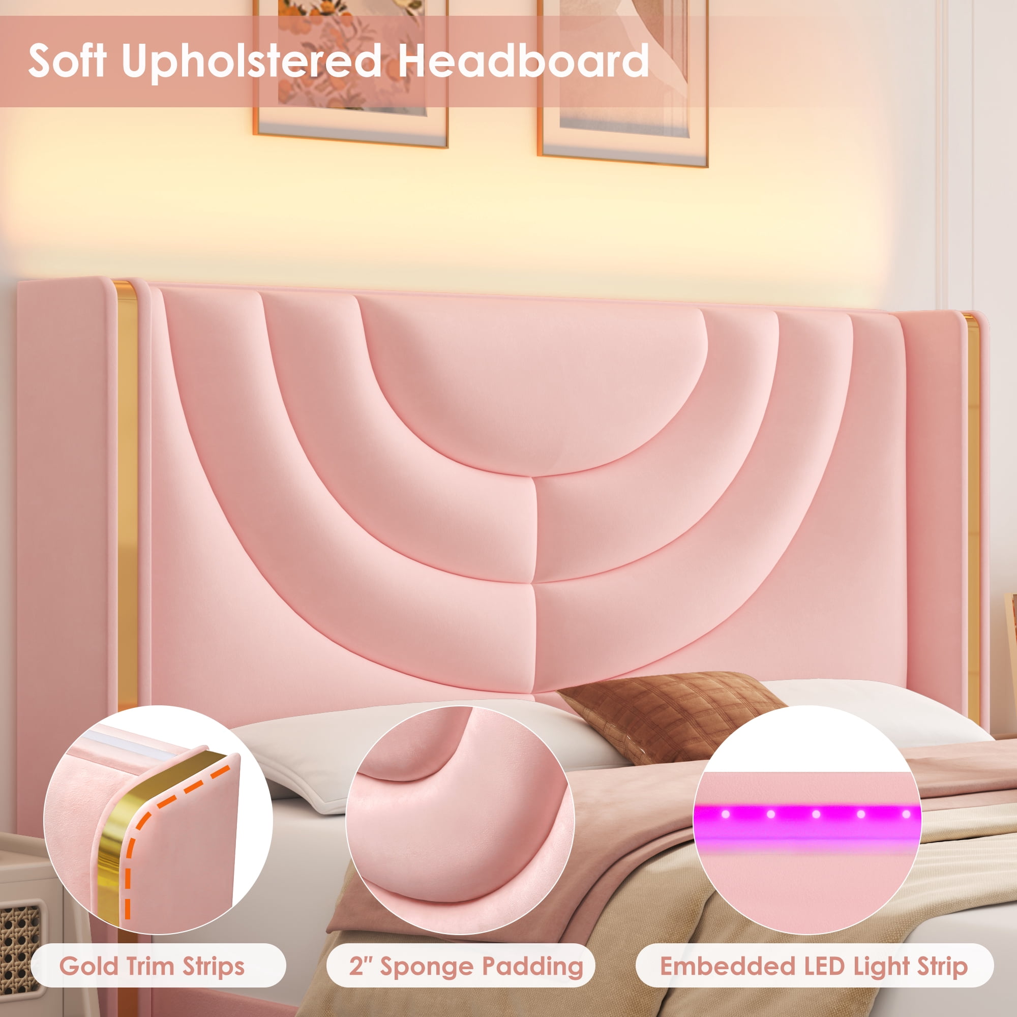 Homfa Full Size LED Bed Frame with 2 Drawer Storage, Wingback Platform Bed with Velvet Upholstered Headboard, Pink