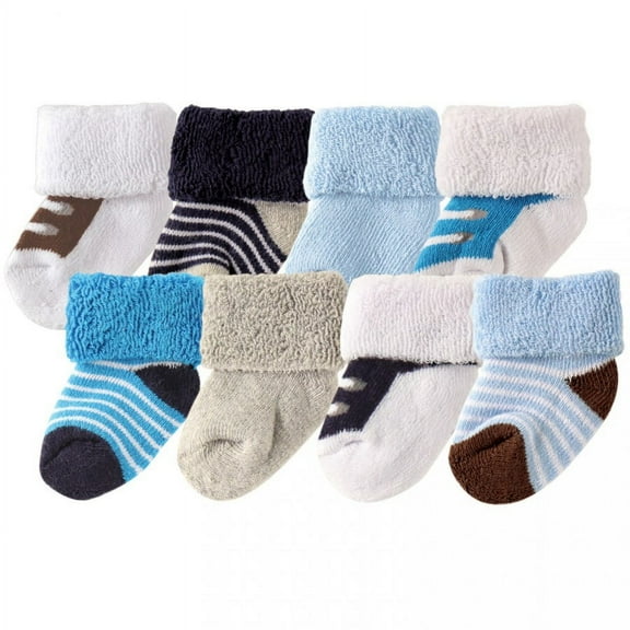 Luvable Friends Baby Boy Newborn and Baby Terry Socks, Blue Brown, 0-6 Months
