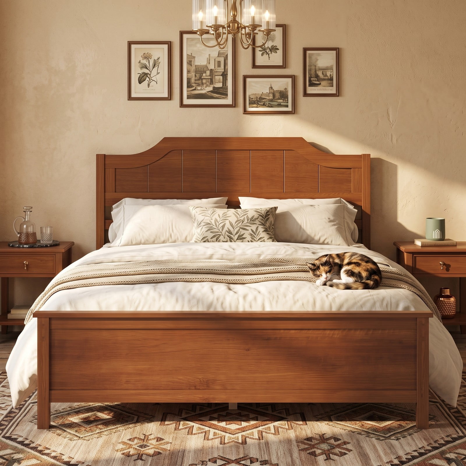 Furnibear Full Size Bed Frame Solid Wood Platform Bed with Arched Headboard and Slat Support, No Box Spring Needed, Walnut