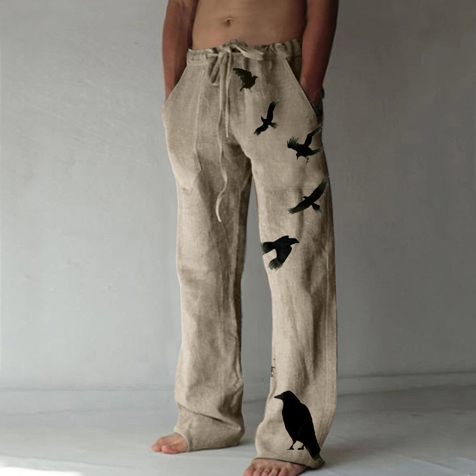 Men Cotton Linen Pant Loose Fit Beach Pants Stretchy Lounge Pants Straight Leg Elastic Waist