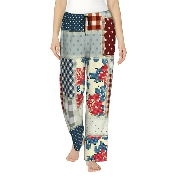 Logiee Patchwork In Country Style Print Women Pajama Pants,Comfy Pj Bottom with Pockets & Drawstring,Stretch Casual Sleepwear-Small