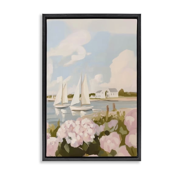 Stupell Industries Transitional Pink Hydrangeas with Sailboats Black Floating Frame Canvas Art, 17 x 25, by Sisi and Seb