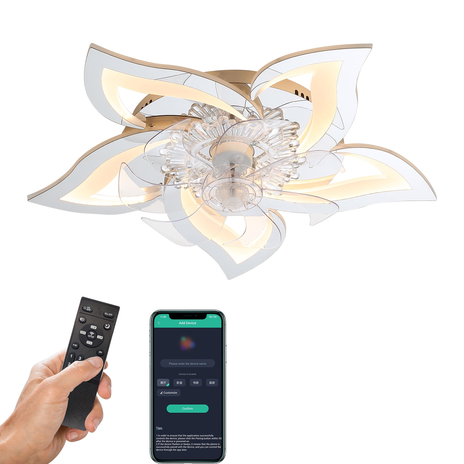 Eowynic 27 Inch Modern Ceiling Fan with Light, Remote Control, Flush Mount, DC Motor, 6 Speed, Flower-Shaped, Silver