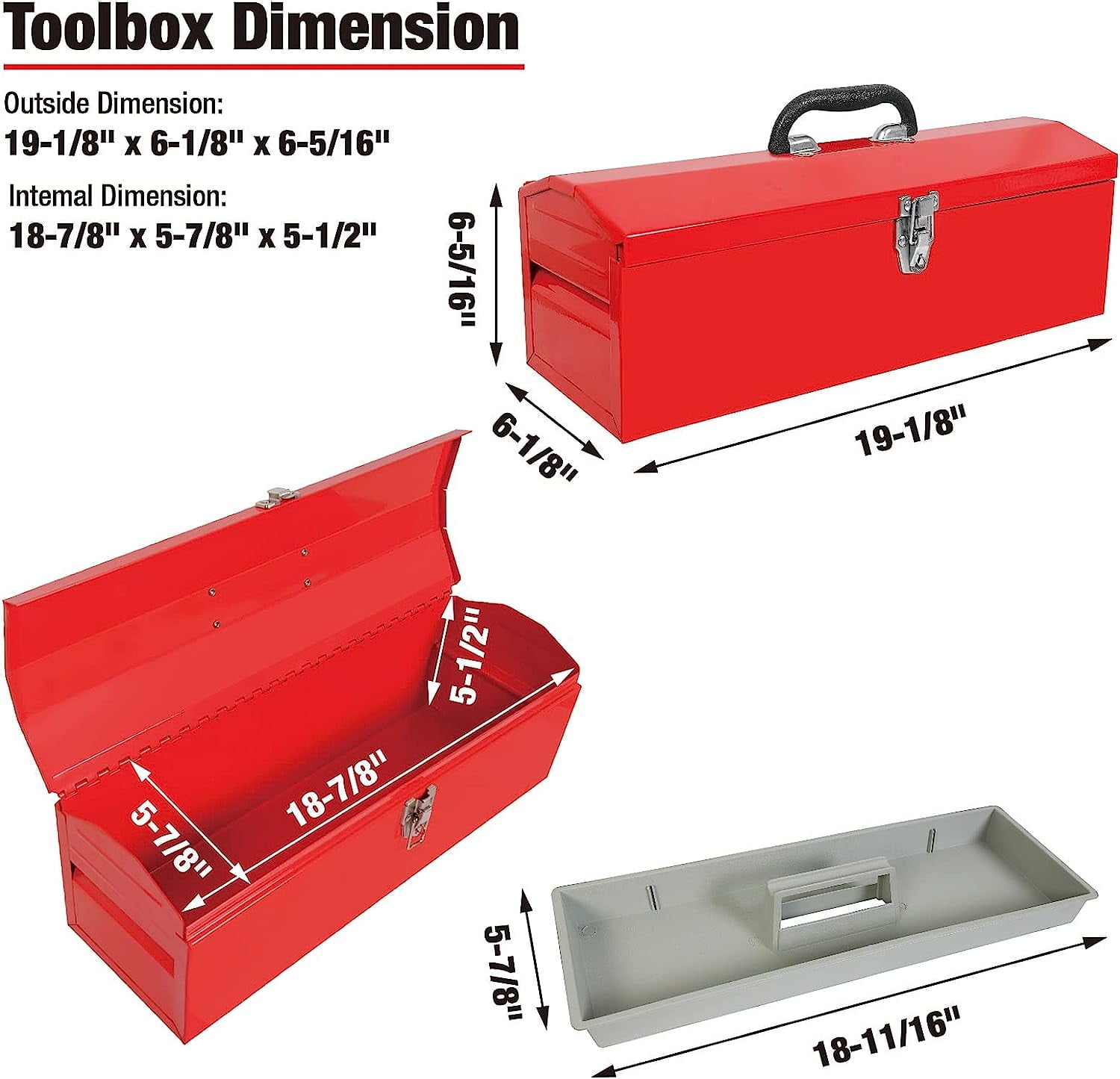 BIG RED ATB213R Torin 16 Portable Metal Tool Box Hip Roof Style Storage  Organizer with Metal Latch Closure, Red