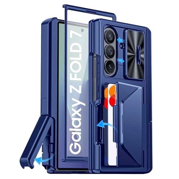 Vizvera for Galaxy Z Fold 7 Case,with Card Holder,RFID Blocking,Kickstand,Slide Lens Cover and Screen Protector Phone Case-Blue