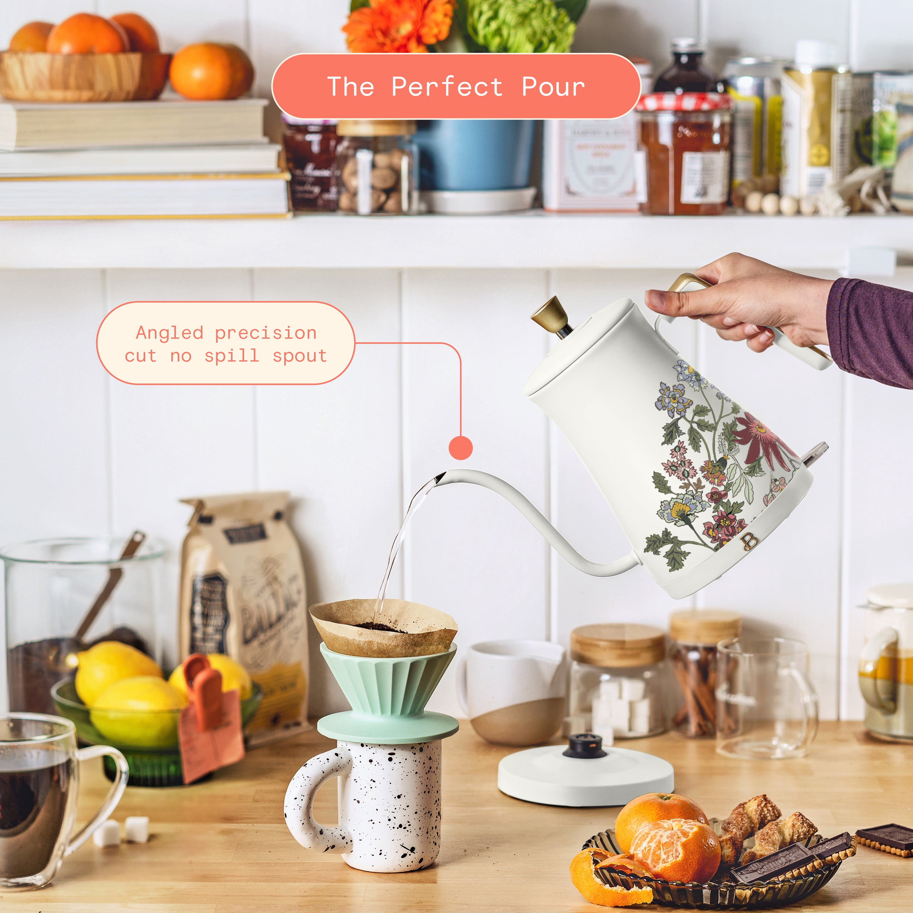Beautiful 1-Liter Electric Gooseneck Kettle 1200 W, Wildflower White Icing by Drew Barrymore
