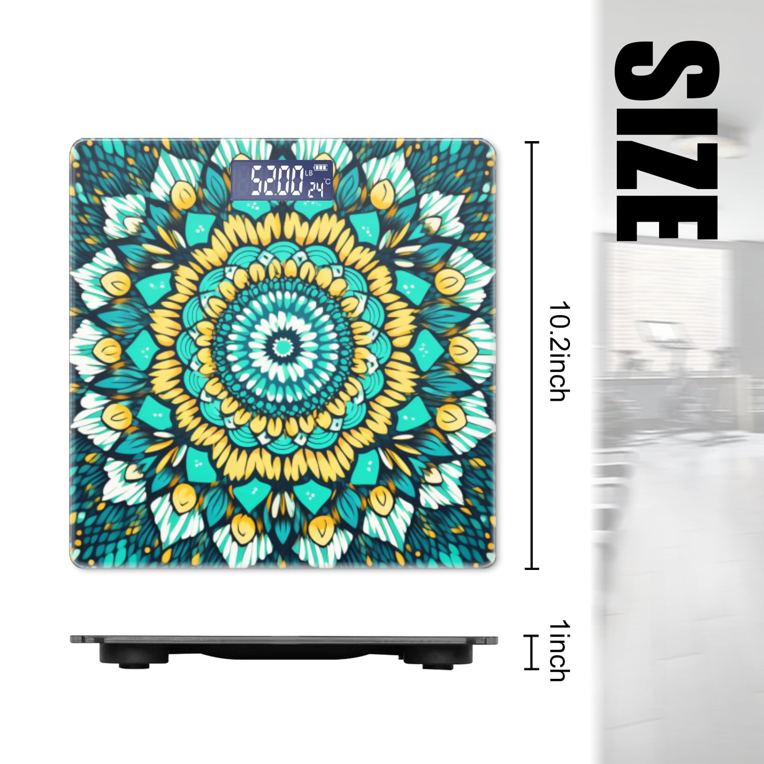 Bathroom Scale, Highly Accurate Digital Body Scale,Precisely Measures Weight up to 400 lbs-Intricate Mandala Designs In Turquoise With Yellow And Black Colors