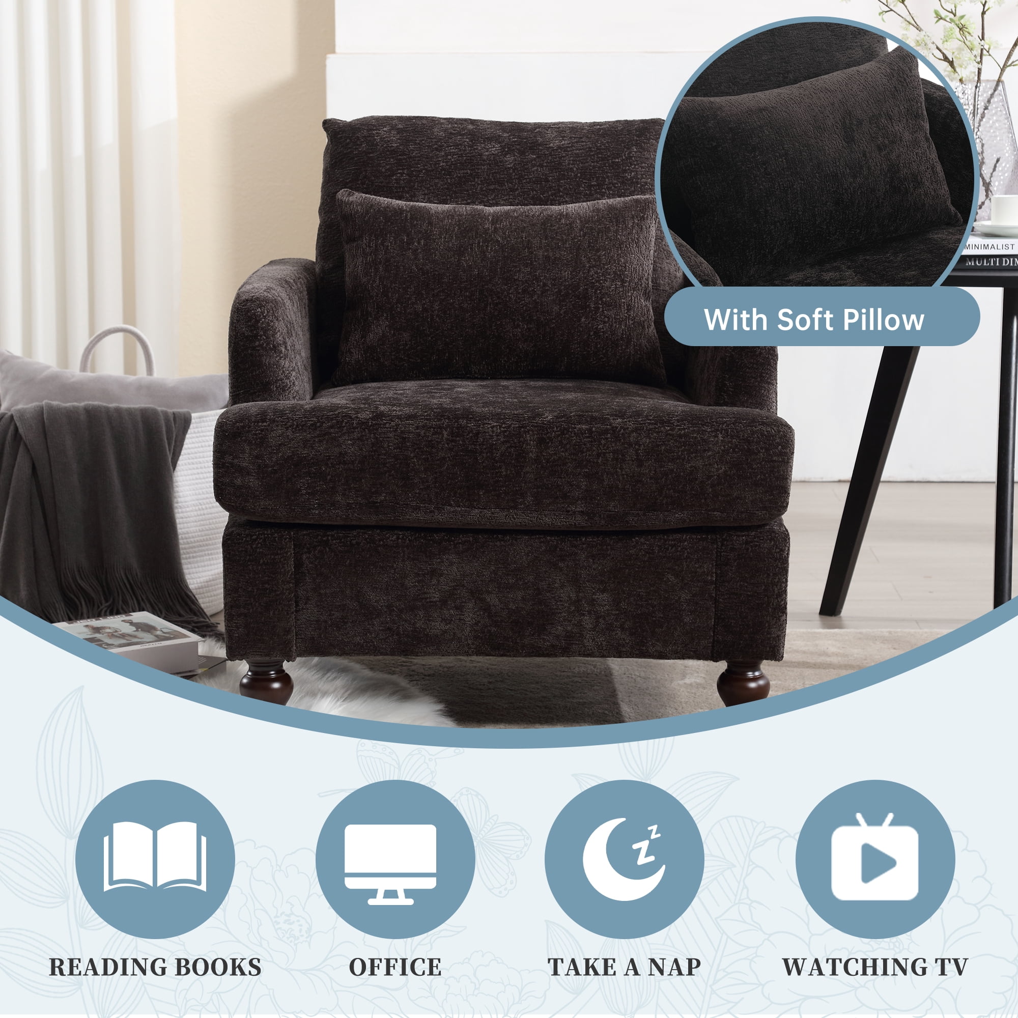 MOONMISS Chenille Upholstered Mid Century Modern Wood Frame Armchair-BLACK