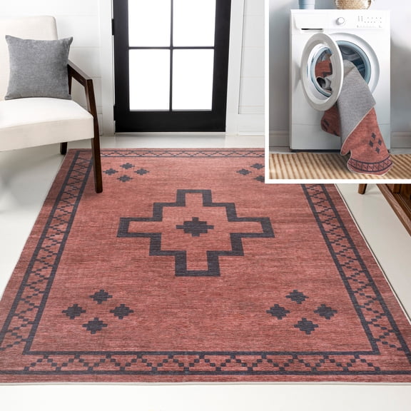 JONATHAN Y WASHABLE 3 x 5 Area Rug, Korsa Geometric Medallion - Red/Dark Gray, WSH118A-3