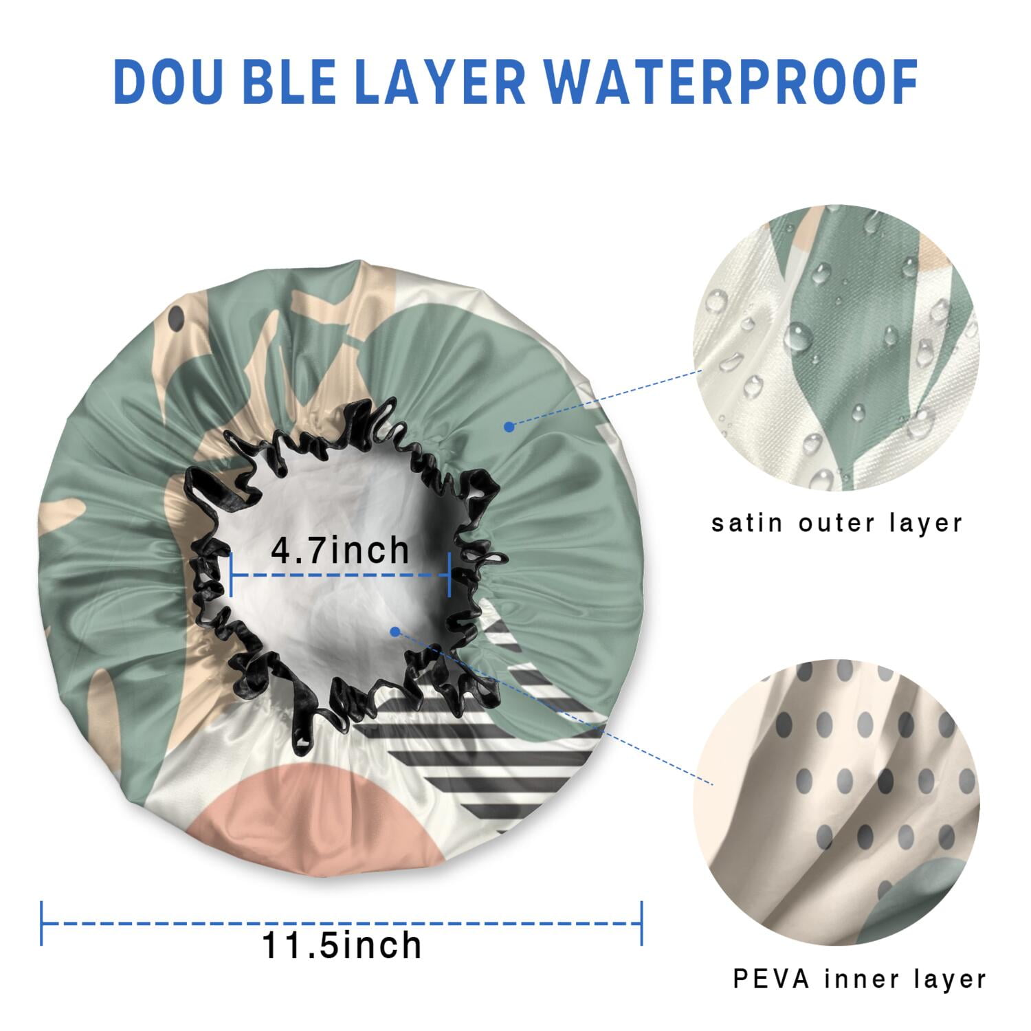 Shower Caps,Green Boho Geometric and Plant Pattern Waterproof Shower Cap for Women 4 Pieces,Double Reusable Hair Cover for Shower PEVA Elastic Stretch Hem